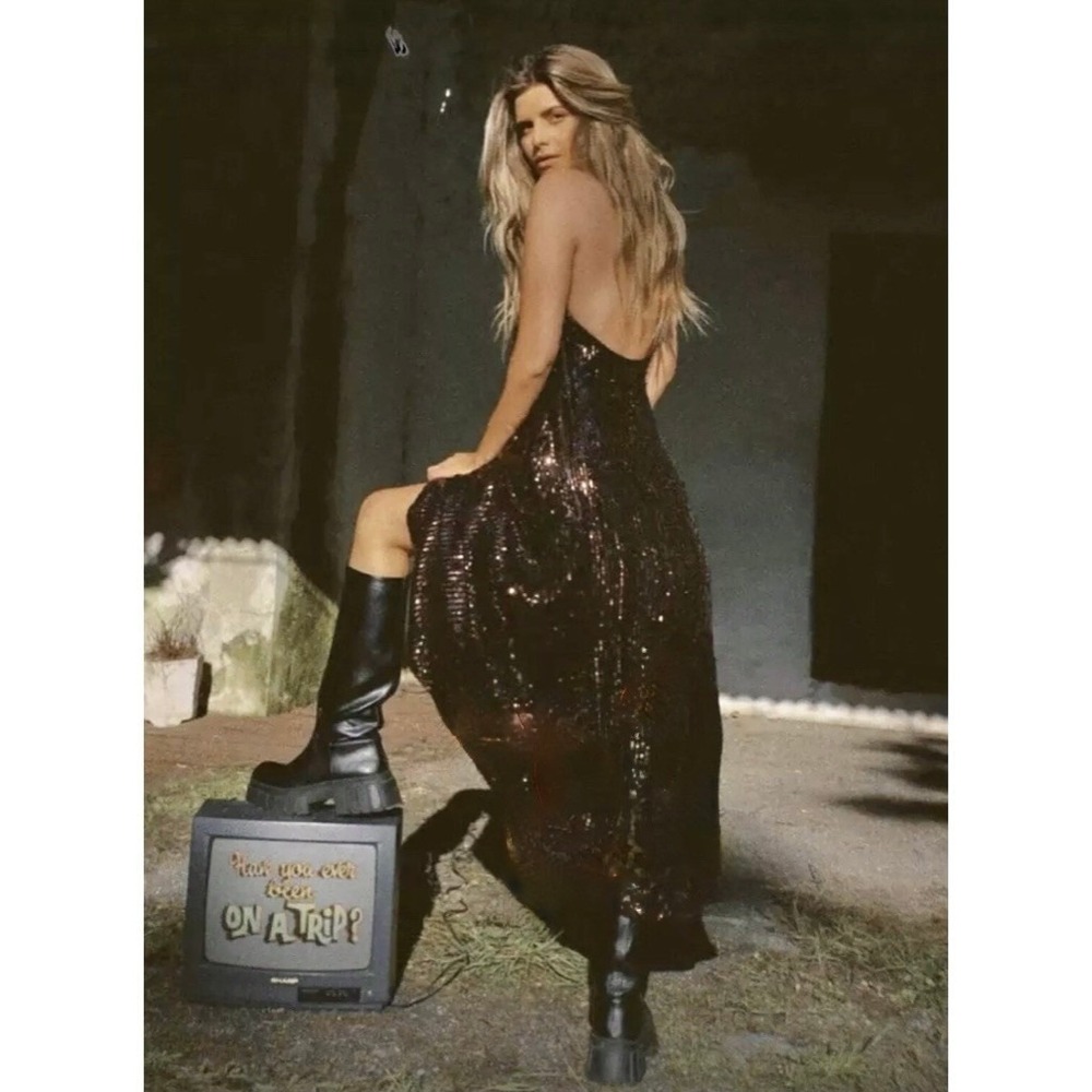 ZARA Chocolate Brown Sequin Halter Maxi Dress‎ Festive Party Sequinned Small